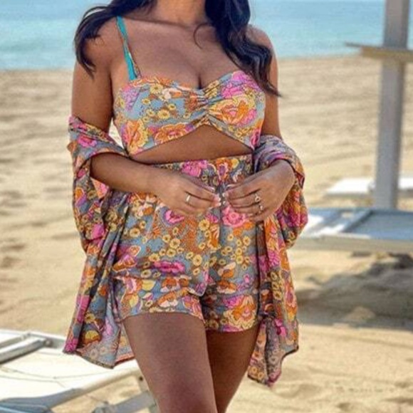 Pants - 045 Boho Paisley Print Shorts Cover up Set